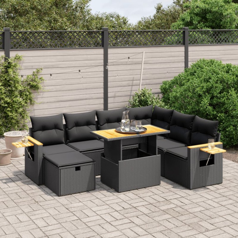 8 pcs conjunto sofás de jardim com almofadões vime PE preto-Conjuntos de jardim-Home Retail