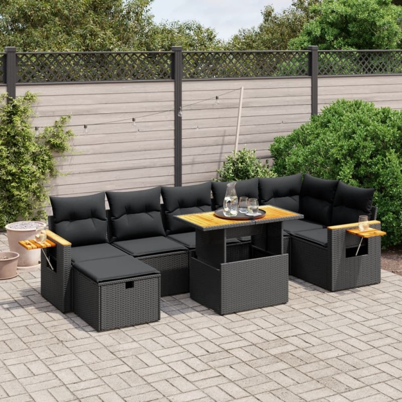 8 pcs conjunto sofás de jardim com almofadões vime PE preto-Conjuntos de jardim-Home Retail