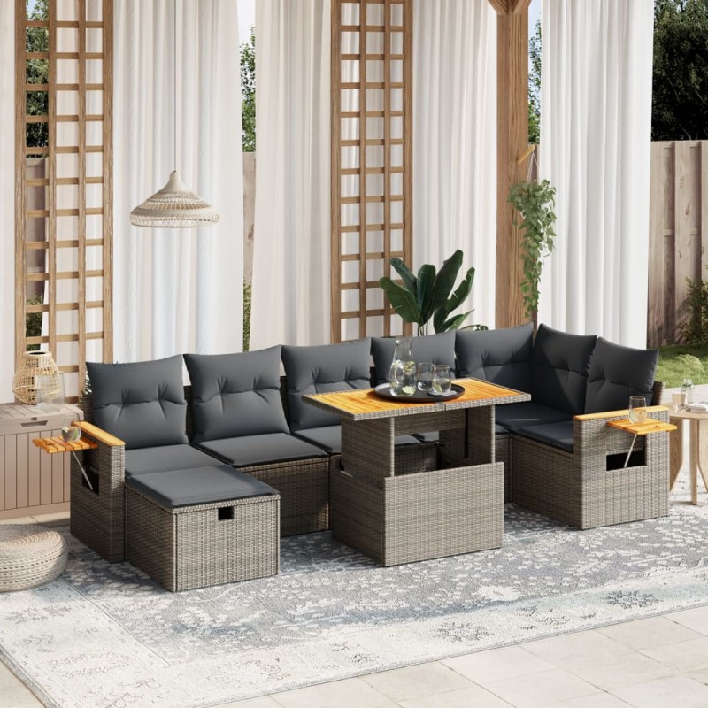 8 pcs conjunto sofás de jardim c/ almofadões vime PE cinzento-Conjuntos de jardim-Home Retail