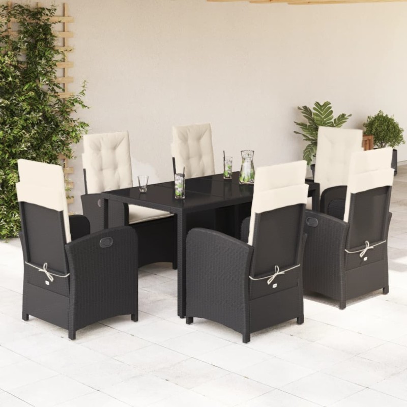 7 pcs conjunto de jantar p/ jardim c/ almofadões vime PE preto-Conjuntos de jardim-Home Retail