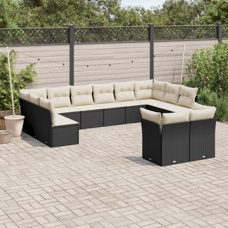 12 pcs conjunto de sofás de jardim c/ almofadões vime PE preto-Conjuntos de jardim-Home Retail