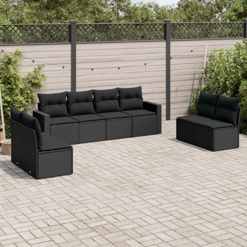 8 pcs conjunto sofás de jardim com almofadões vime PE preto-Conjuntos de jardim-Home Retail