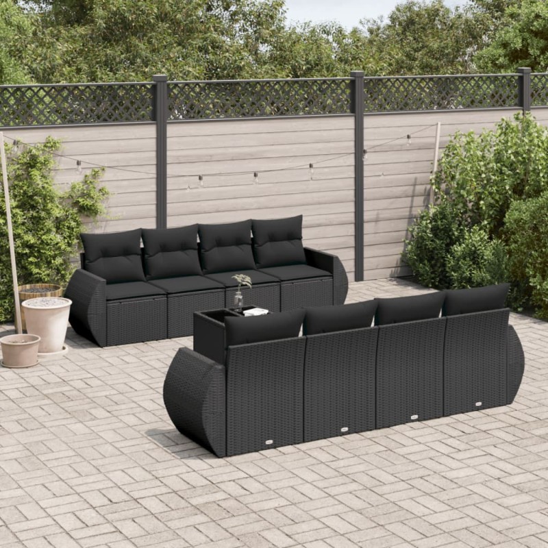 9 pcs conjunto de sofás p/ jardim c/ almofadões vime PE preto-Conjuntos de jardim-Home Retail