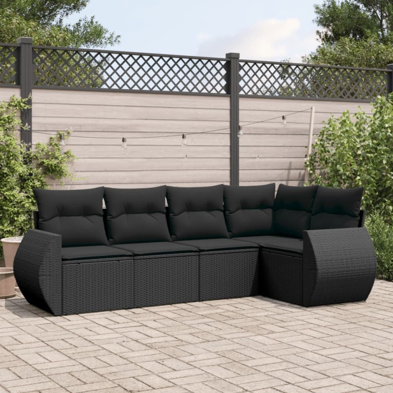 5 pcs conjunto sofás de jardim com almofadões vime PE preto-Conjuntos de jardim-Home Retail