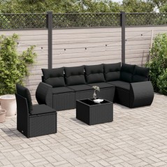 7 pcs conjunto de sofás p/ jardim c/ almofadões vime PE preto