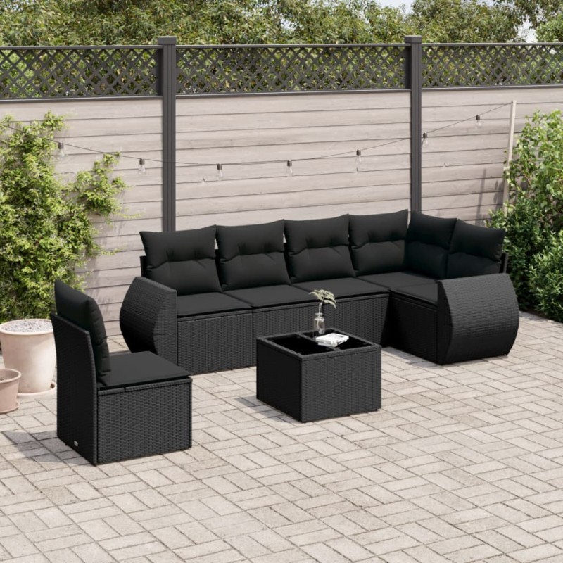 7 pcs conjunto de sofás p/ jardim c/ almofadões vime PE preto-Conjuntos de jardim-Home Retail