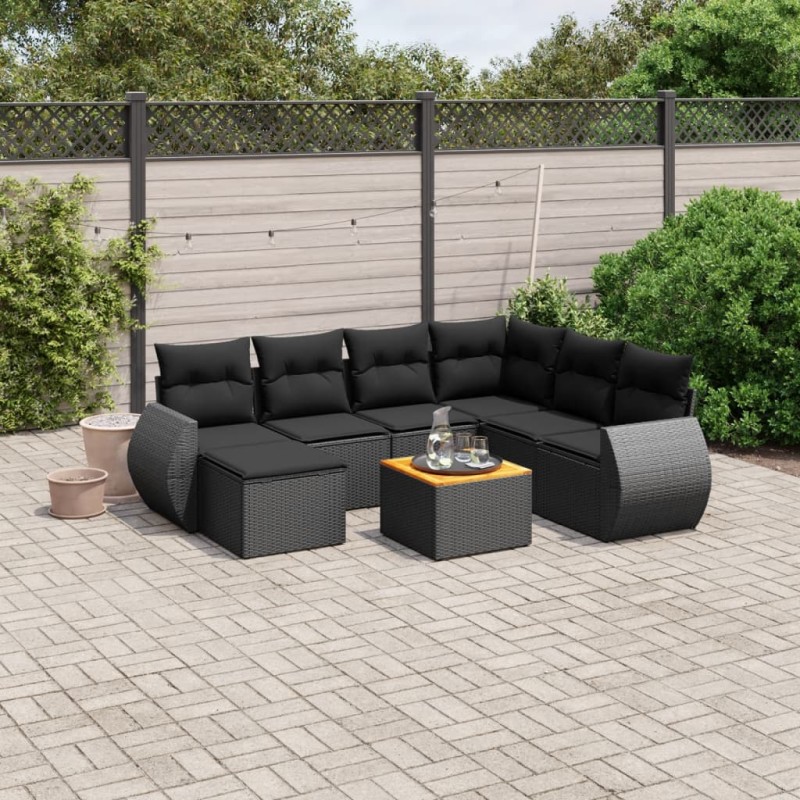 8 pcs conjunto sofás de jardim com almofadões vime PE preto-Conjuntos de jardim-Home Retail