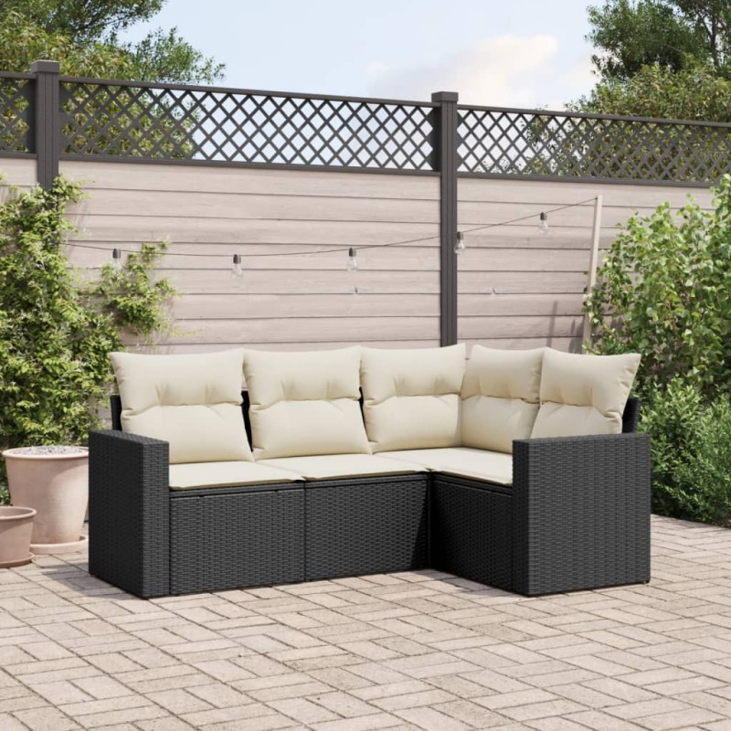 4 pcs conjunto de sofás para jardim c/ almofadões vime PE preto-Conjuntos de jardim-Home Retail