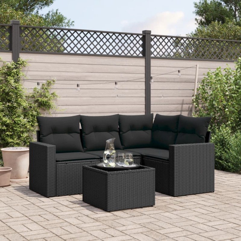 5 pcs conjunto sofás de jardim com almofadões vime PE preto-Conjuntos de jardim-Home Retail