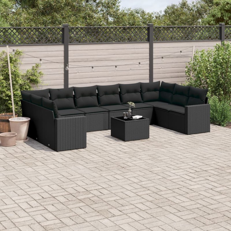 11 pcs conjunto sofás de jardim c/ almofadões vime PE preto-Conjuntos de jardim-Home Retail