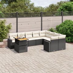 10 pcs conjunto sofás de jardim c/ almofadões vime PE preto