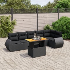 7 pcs conjunto de sofás p/ jardim c/ almofadões vime PE preto