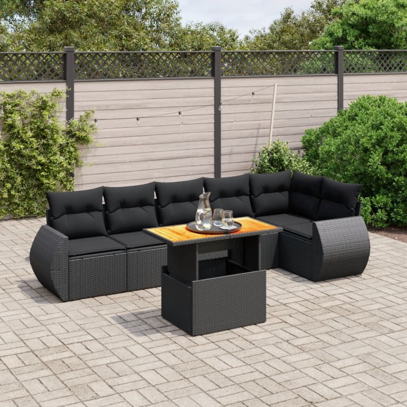 7 pcs conjunto de sofás p/ jardim c/ almofadões vime PE preto-Conjuntos de jardim-Home Retail