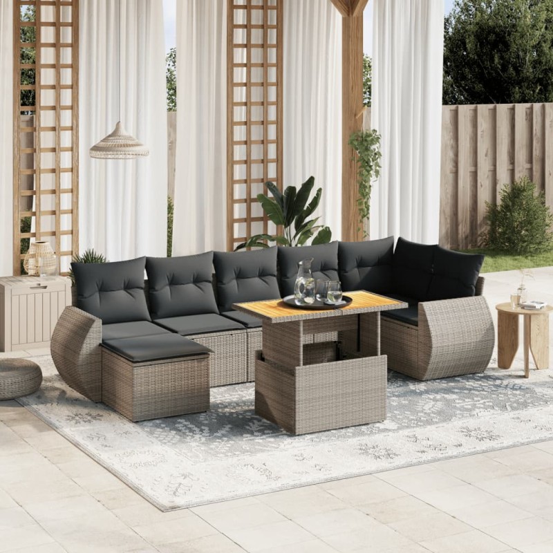 8 pcs conjunto sofás de jardim c/ almofadões vime PE cinzento-Conjuntos de jardim-Home Retail