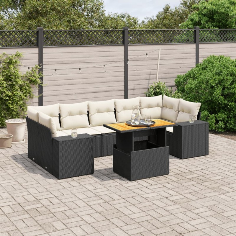 8 pcs conjunto sofás de jardim com almofadões vime PE preto-Conjuntos de jardim-Home Retail