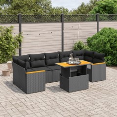 8 pcs conjunto sofás de jardim com almofadões vime PE preto