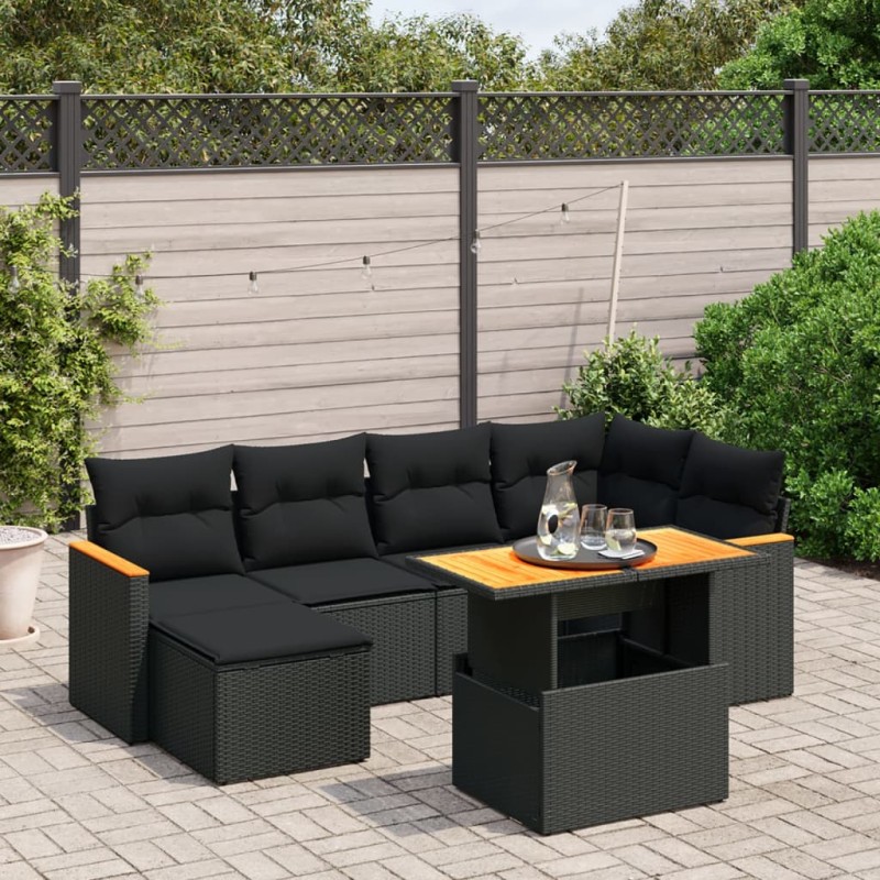 7 pcs conjunto de sofás p/ jardim c/ almofadões vime PE preto-Conjuntos de jardim-Home Retail