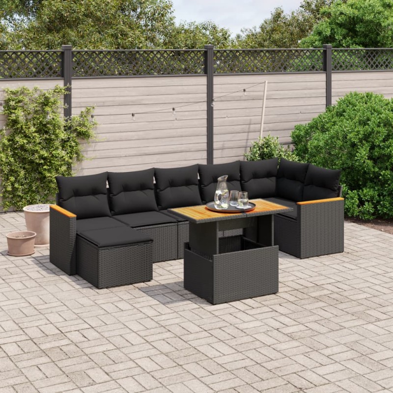 8 pcs conjunto sofás de jardim com almofadões vime PE preto-Conjuntos de jardim-Home Retail