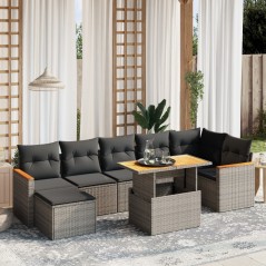 8 pcs conjunto sofás de jardim c/ almofadões vime PE cinzento