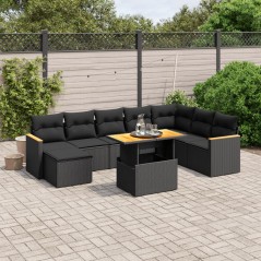 9 pcs conjunto de sofás p/ jardim c/ almofadões vime PE preto