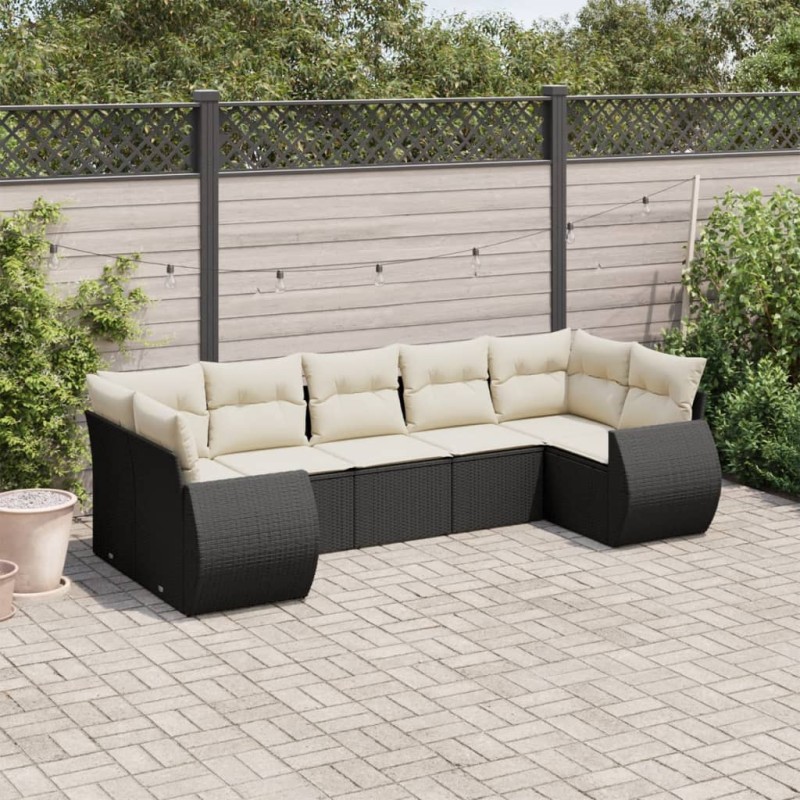 7 pcs conjunto de sofás p/ jardim c/ almofadões vime PE preto-Unidades de sofá com módulos externos-Home Retail