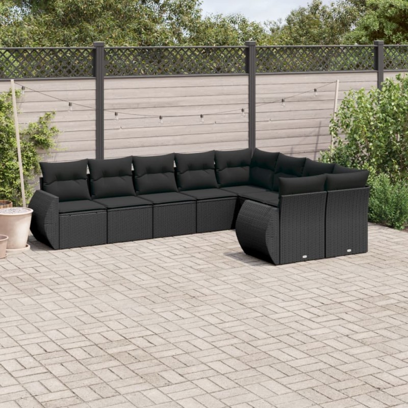 9 pcs conjunto de sofás p/ jardim c/ almofadões vime PE preto-Unidades de sofá com módulos externos-Home Retail