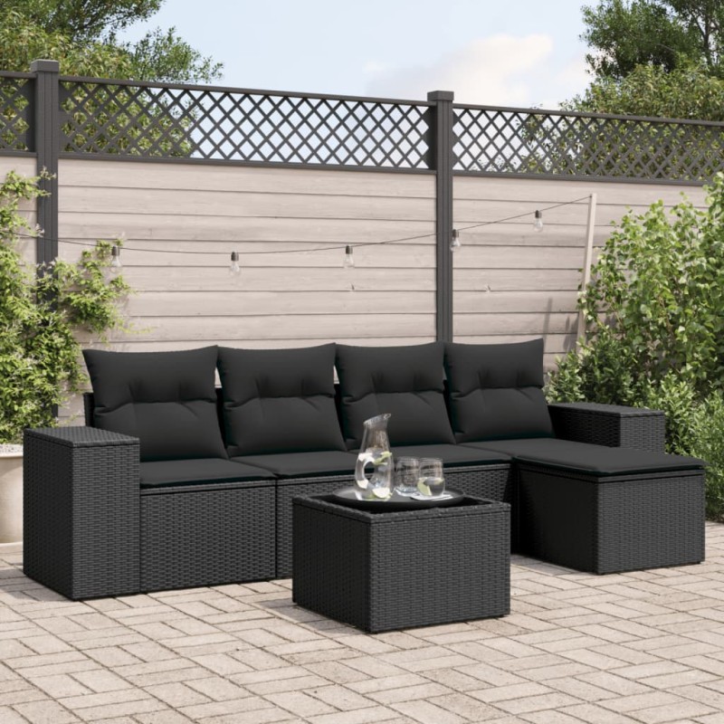 6 pcs conjunto sofás de jardim c/ almofadões vime PE preto-Unidades de sofá com módulos externos-Home Retail