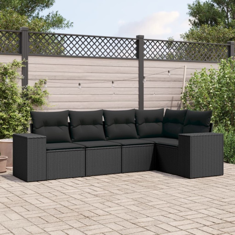 5 pcs conjunto sofás de jardim com almofadões vime PE preto-Unidades de sofá com módulos externos-Home Retail