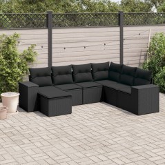 7 pcs conjunto de sofás p/ jardim c/ almofadões vime PE preto