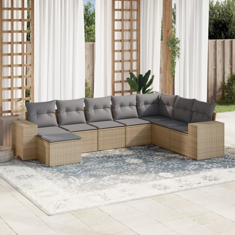 8 pcs conjunto de sofás p/ jardim com almofadões vime PE bege-Conjuntos de jardim-Home Retail