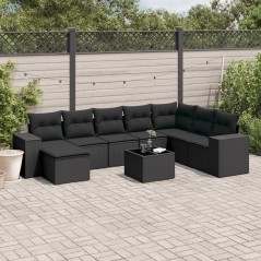 9 pcs conjunto de sofás p/ jardim c/ almofadões vime PE preto