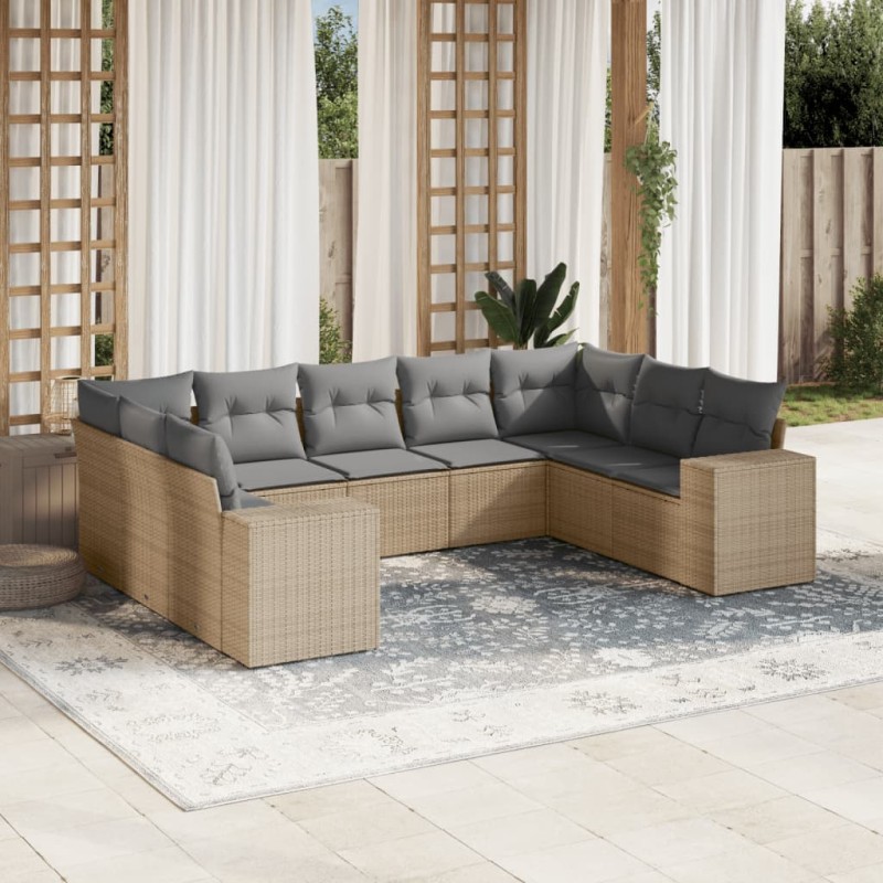 9 pcs conjunto de sofás p/ jardim com almofadões vime PE bege-Conjuntos de jardim-Home Retail