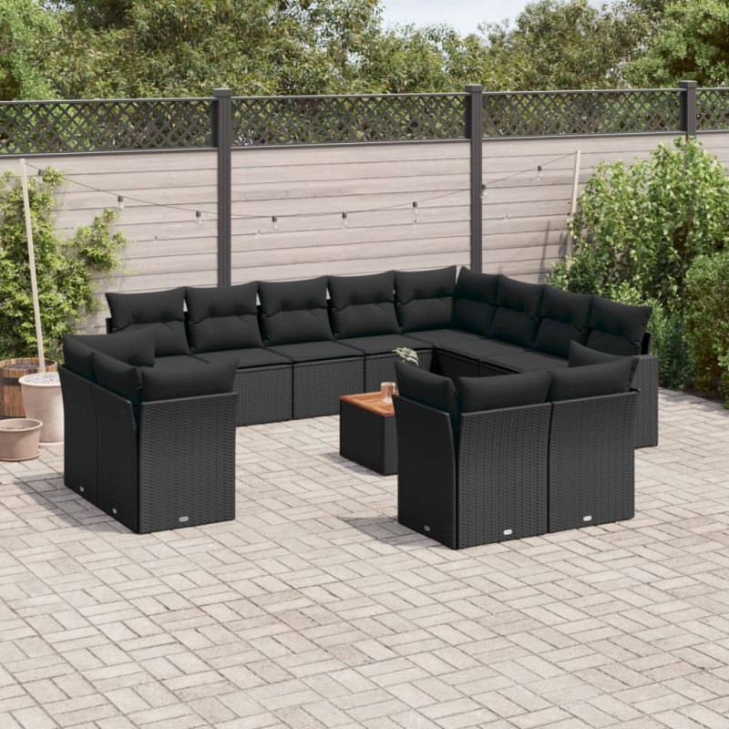 13 pcs conjunto de sofás de jardim com almofadões vime PE preto-Conjuntos de jardim-Home Retail