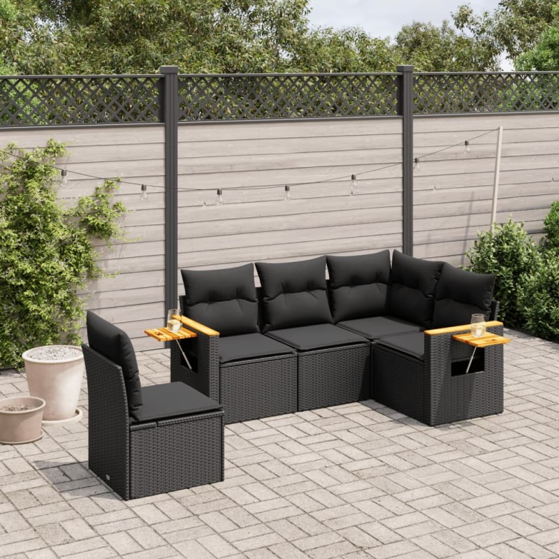 5 pcs conjunto sofás de jardim com almofadões vime PE preto-Conjuntos de jardim-Home Retail