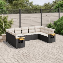 9 pcs conjunto de sofás p/ jardim c/ almofadões vime PE preto