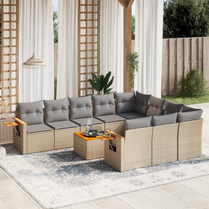 11 pcs conjunto sofás de jardim c/ almofadões vime PE bege-Conjuntos de jardim-Home Retail