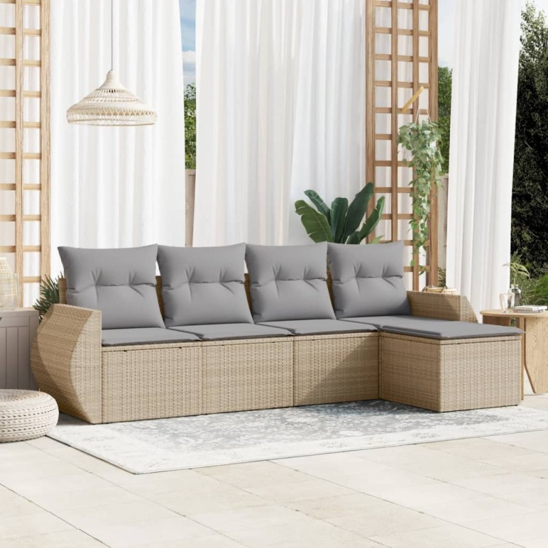 5 pcs conjunto de sofás p/ jardim com almofadões vime PE bege-Conjuntos de jardim-Home Retail