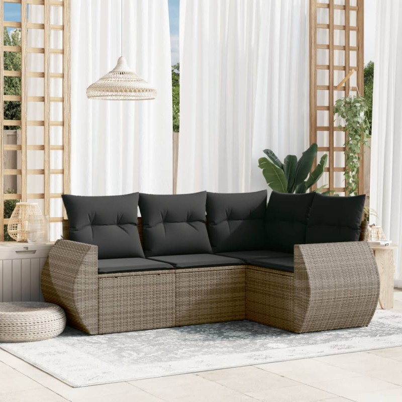 4 pcs conjunto sofás de jardim c/ almofadões vime PE cinzento-Conjuntos de jardim-Home Retail