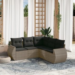 5 pcs conjunto sofás de jardim c/ almofadões vime PE cinzento