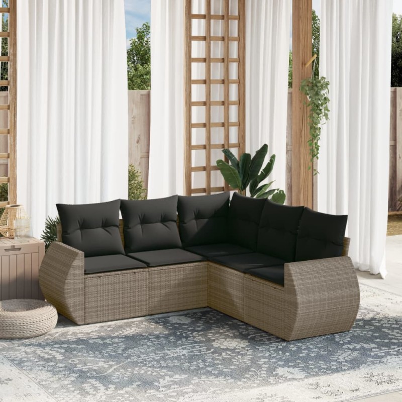 5 pcs conjunto sofás de jardim c/ almofadões vime PE cinzento-Conjuntos de jardim-Home Retail