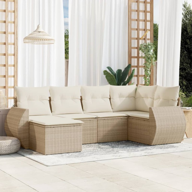 6 pcs conjunto de sofás p/ jardim com almofadões vime PE bege-Conjuntos de jardim-Home Retail