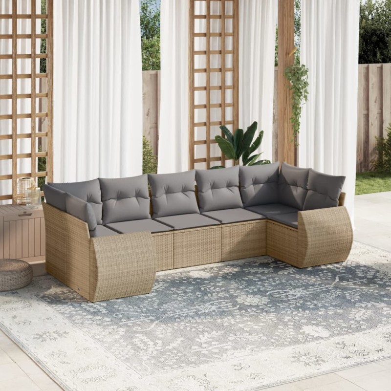 7 pcs conjunto de sofás p/ jardim com almofadões vime PE bege-Conjuntos de jardim-Home Retail