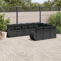 10 pcs conjunto sofás de jardim c/ almofadões vime PE preto