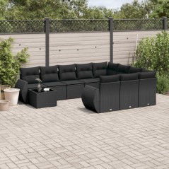 11 pcs conjunto sofás de jardim c/ almofadões vime PE preto