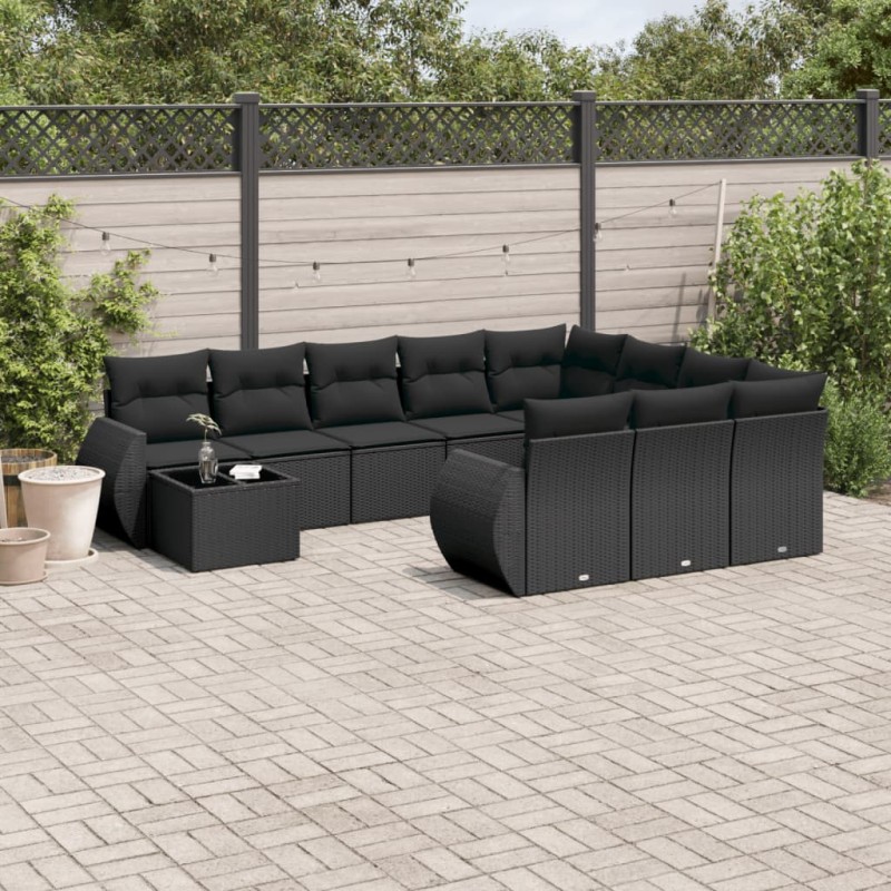 11 pcs conjunto sofás de jardim c/ almofadões vime PE preto-Conjuntos de jardim-Home Retail