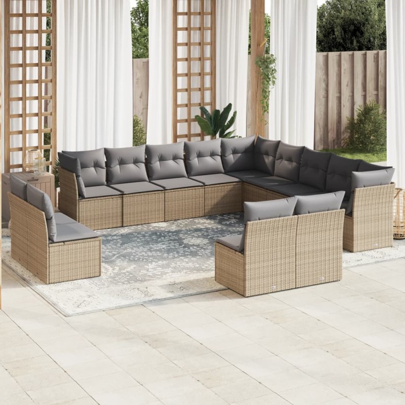 13 pcs conjunto de sofás p/ jardim com almofadões vime PE bege-Conjuntos de jardim-Home Retail