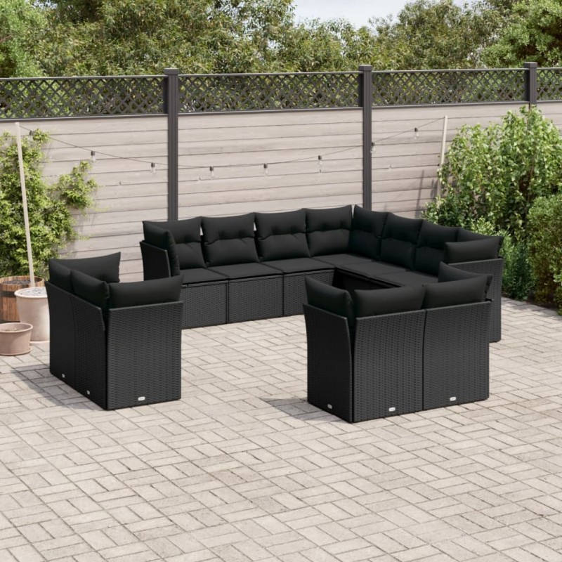 11 pcs conjunto sofás de jardim c/ almofadões vime PE preto-Conjuntos de jardim-Home Retail