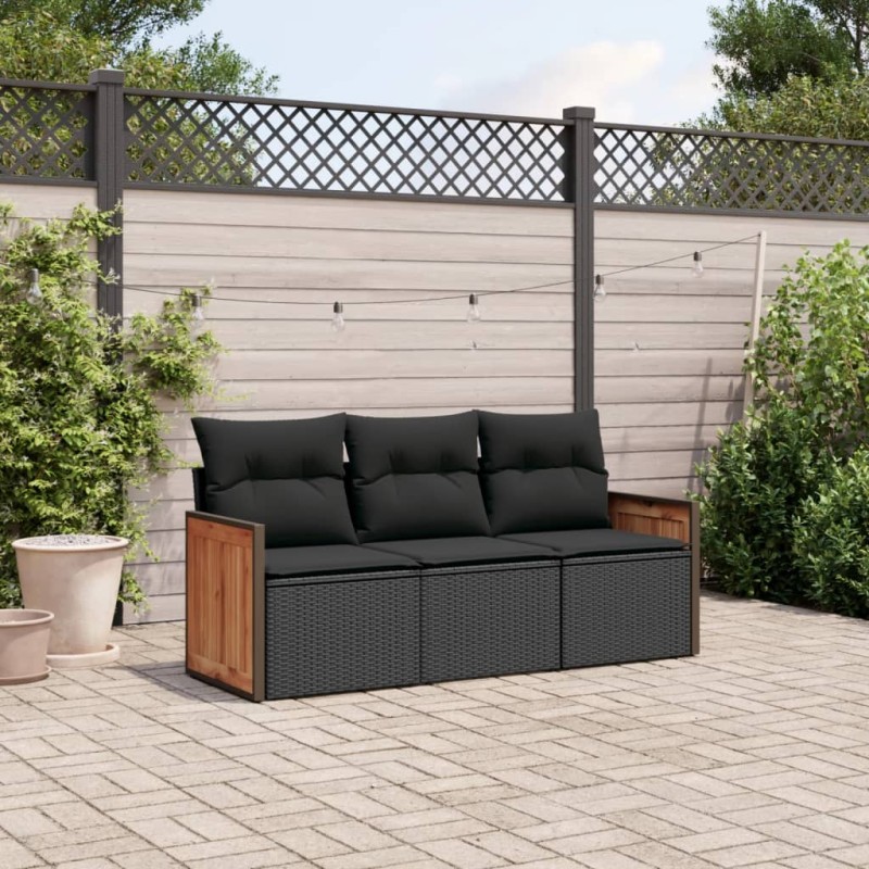 3 pcs conjunto sofás de jardim com almofadões vime PE preto-Conjuntos de jardim-Home Retail