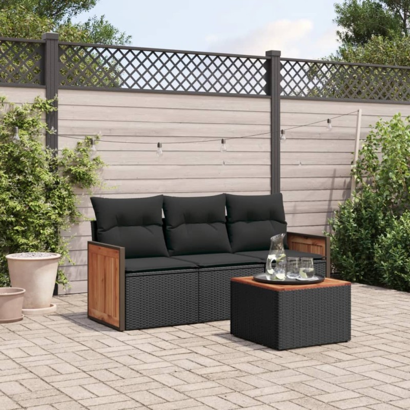 4 pcs conjunto de sofás para jardim c/ almofadões vime PE preto-Conjuntos de jardim-Home Retail