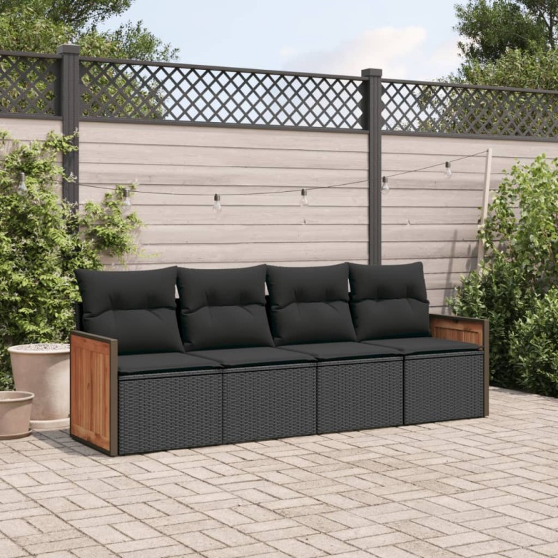 4 pcs conjunto de sofás para jardim c/ almofadões vime PE preto-Conjuntos de jardim-Home Retail